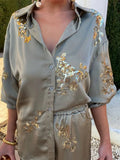 Embroidery Stain Casual Print Suit Women Long Sleeve Top Shirts Loose Pants Two Piece Set Female Outfits Party