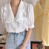 Women Blouses Solid Ruffles Sweet Short Sleeve Peter Pan Collar Tender Elegant Teens All-match Retro Ulzzang Lovely XS-3XL
