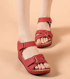 New Sandals Women's Slope Heel Magic Buckle Hollowed-Out Large Size Leisure Sandals