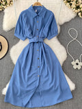 Vintage Green/Blue/Red Turn-Down Collar Single Breasted Dress Casual Short Sleeve High Waist A-Line Midi Robe New