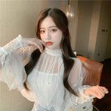 Pieces Set Shirt +Tank Spring Women Lace Bottoming Blouse Beading Mesh Shirt Female Lantern Sleeve Blouses Short Tops