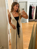 Tie Knitted Deep V-neck Long Dress Women Sexy Slim Sleeveless Contrasting Robes 2024 Summer Lady Evening Party