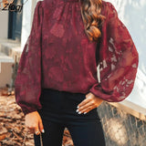 Red Embroidered Floral Mock Neck Blouse Top For Women Long Sleeve Shirts Tops 2023 Spring Autumn Pullovers