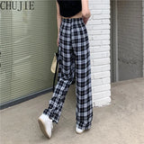 Plaid Pants Women Korean Fashion Black White Checked Trousers For Female Fall 2022 Wide Leg