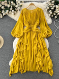 Autumn Women Irregular Ruffle Draped Midi Dress Vintage Yellow/Blue/Red O-Neck Puff Long Sleeve Vacation Beach Robe