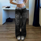 Street Style Irregular Print Slacks Low Waist Pleated Washed For Old Multi-Color Jeans-Outfit
