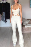 Autumn Solid Casual Elegant Women's Two Pieces Sets Tank Crop And Flare Pants Matching Outfits Simple Streetwear