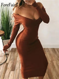 Winter Sexy Bodycon Midi Woman Dress Knitted Long Sleeve V Neck Party Elegant Robe Women's