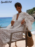 Neck Crochet Hollowed Out Flare Sleeve Midi Dress Women Loose See Through Vestidos 2024 Sexy Party Beach Vacation Female