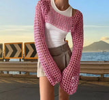 Zingj New Women's Hand Hook Sweater Women's Casual Ultra-Short Horn Sleeve Sexy Grid Smock
