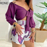Spring V Neck Floral Print Tie Front Crop Top & Leaves Print Shorts Set Women Sets 2 Piece