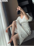 New Women Fashion Elegant Puff Sleeve Solid Midi Dresses Office Lady Female Slim Chic Clothes