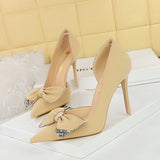 Zingj Korean Version Of Fashion High Heels With Super High Heel Shallow Mouth Tip Side Hollow Water Diamond Bow Single