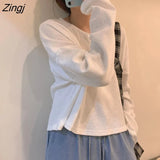 Sleeve T-shirts Women Elegant Simple Pure Button Design Retro Ins Autumn Ladies Tees Top All-match BF Style Mujer