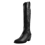 Onlymaker Women White Knee High Boots Western Cowboy Boots Wide Calf Embroidered Pointed Toe Block Heel Pull-On Cowgirl