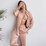 Satin Pajamas For Women 3 Piece Set Turn Down Collar Long Sleeve Tops Bra Female Sets With Pants Solid Home Wear