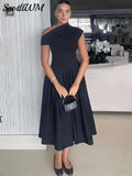 Women Elegant Irregular Pleated Dress Fashion O Neck Patchwork Short Sleeve Long Dresses 2024 Sexy Casual Office Lady