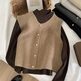 Line Single Row Small Gold Button Round Collar Knitted Vest Cardigan Woman Sleeveless Shoulder Vest