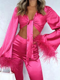 Women Fashion 2 Pcs Outfts Feather Trim Tie Knot Long Sleeved Outfits+High Waist Split Long Pants Suits