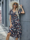 Printed Casual Beach Midi Dresses Women Summer V-neck Short Sleeve Empire Waist A-Line Dress Sundress Vestido Robes