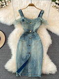 Dress Sexy Style New Arrival Ins Strap Waist Mesh Polka Dot Ruffles Stitching Female Bodycon Midi Dresses Female