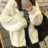 Women Zip-up Turn-down Collar Printed Pocket Long Sleeve Korean Style New Trendy Casual BF Ulzzang Harajuku Womens