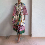Women's Dress 2025 Casual Personality Print V Tie With Long Sleeve Dress