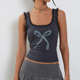 Girls Sexy Lace U-Collar Bow Printed Shoulder Strap Vest 2024 Tight And Thin Inner Halter