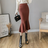 Zingj And Winter Elastic Slim Knitted Half-Body Skirt Medium-Long Korean Version High-Waisted Thin Fish Tail Buttocks A-Shaped