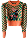 Fashion Cartoon Cat Embroidery Knitwear Women's Autumn/Winter Plaid Bubble Sleeve Casual Short High Waist Pullover