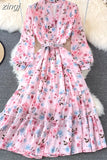 Floral Midi Dress Women Elegant V-Neck Lantern Long Sleeve High Waist Draped A-Line Casual Vestidos Female Spring