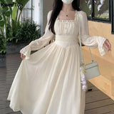 Princess Midi Dresses for Women New Fashion Lace Spliced Long Sleeve Vestidos 2024 Spring Summer Korean Evening