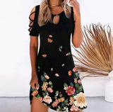 Women Floral Print Party Dresses Sexy Summer Short Sleeve O-Neck Mini Dress For Ladies Hollow Out Design Elegant Dress