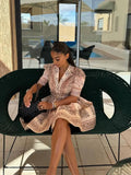 Elegant Pink Printed Belt Mini Dress For Women Fashion Lapel Short Puff Sleeve A-line Dresses Spring Summer Party