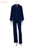 Causal Loose Home Suit Autumn Long Sleeve Blouse With High Wasit Pants Set Women Elegant Pleated Beige 2 Piece Pant