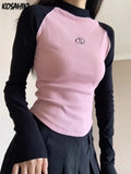 Slim Chic Bottoming Tshirts Contrast Color Patchwork Letter Print Tee Shirts Y2k Aesthetic Sexy Outer Wear Women