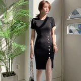 Han Queen Autumn Vintage Elastic Knitted Dresses Elegant Office Work Vestidos Sheath Bodycon Split Party Women Pencil