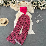 Zingj Girl Set Girl Strapless Strap Short Knit Top Print High Waist Wide Leg Trousers Two-Piece