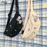 Casual Waist Bags Women Canvas Simple Fanny Belt Pack Brooch Decor Ladies Bum Bag Zipper Cross Body Pouch Students