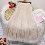 Both Sides Wear Pearls Mesh Skirt Women 2025 Summer Velvet High Waist Long Skirts Woman Solid Color A Line Pleated Skirts 211-0-Outfit