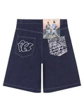 Pocket Embroidered Letter Print Jeans Men's Shorts Summer Vintage Super Wide-Legged