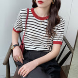Zingj Silk Short-Sleeved Sweater Women's Thin Striped T-Shirt Large Size Korean Version Bottom Summer Half-Sleeved Chic