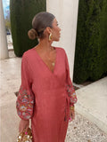 Flower Embroidery V-neck Loose Maxi Dress Women Casual Loose Long Lantern Sleeve Split Robes Summer Lady Holiday