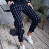 Casual Spring Summer Trouser Vintage Striped Printed Slim Pencil Pants Men Mid Waist Elastic Skinny Pants Men
