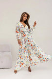 Zingj Women's Dress Dress Print V-Neck Sexy Slit Long Sleeve