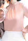 Women's Blouse Silk Tops for Women Solid Embroidered Long Lantern Sleeve Top Stand Neck Clothing Female 2023 Basic