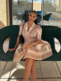 Elegant Pink Printed Belt Mini Dress For Women Fashion Lapel Short Puff Sleeve A-line Dresses Spring Summer Party