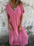 New Leisure Spring And Summer Loose Skirt Short-Sleeved V-Neck Solid Cotton