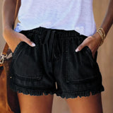 Tighten The Waist Tassel Denim Shorts Woman-Outfit