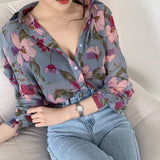 Long Sleeve Women Blouse Chiffon Blouses Female Shirts Tops Floral V-Neck Loose